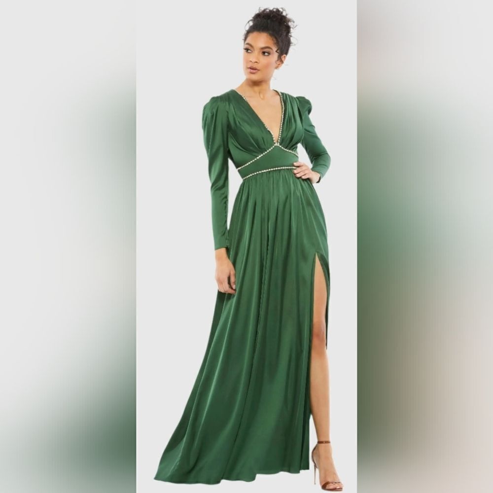 Mac Duggal 55702 Rhinestone Trim Puff Sleeve Gown NWT Size 4 Emerald Green